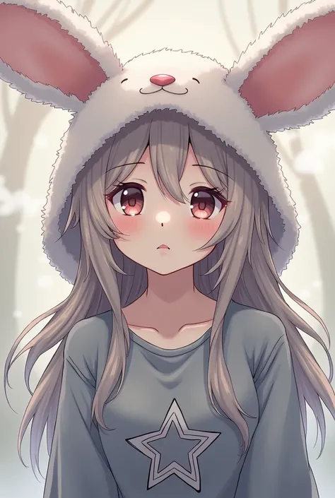 one with long hair and a bunny hat wearing a gray shirt with a star 