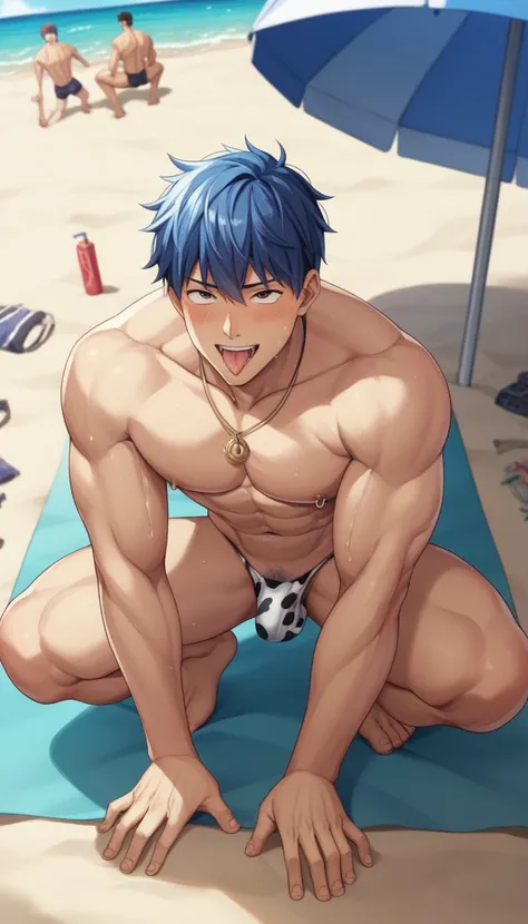 nsfw、(((潮田渚はmale)))、Blue Hair、(((male)))、cute、Several creepy black people behind the beach、((Ahegao))、Eyes facing upwards、Sexy cow print bikini、((squat))、Has muscles、((standing doggystyle sex))、From behind、((Black uncles))、((Uncle&#39;s House))