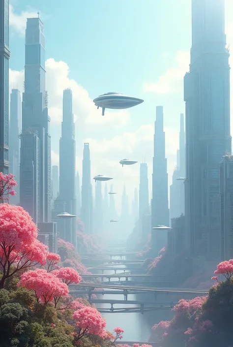 A futuristic city full of towering skyscrapers and flying cars. The city is high and low, with some flowers in the foreground, rendered in a surreal style, clean picture, minimalist style, panoramic view, different perspective angles, large scale, epic fan...