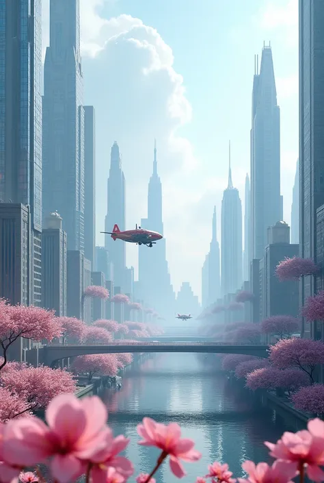 A futuristic city full of towering skyscrapers and flying cars. The city is high and low, with some flowers in the foreground, rendered in a surreal style, clean picture, minimalist style, panoramic view, different perspective angles, large scale, epic fan...