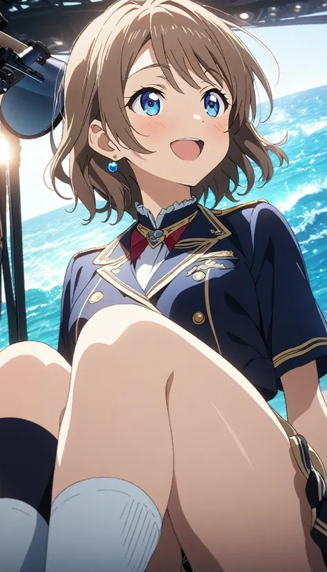 1 girl, girl、Diagonal、Brown Hair、short hair、blue eyes、put one foot on the edge of the yacht、Pirate with telescope、Look forward、Sea of navy uniforms、anime、Illustration, Full HD, 8k, Absurd, masterpiece, Best Quality, Super detailed, beautiful, Exquisite, De...