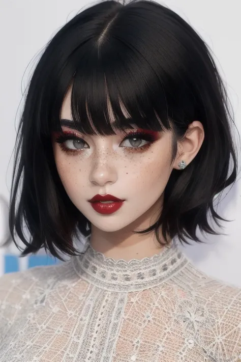 fr3ckles, grey eyes, freckles, 1girl,  90sgrung3, red makeup, red lips, black hair, short hair, baby bangs, black shirt