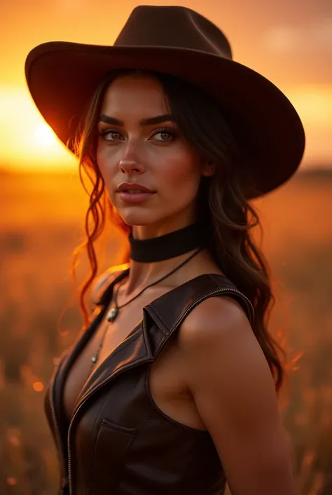 a beautiful woman, masterpiece, cowboy outfit, sertanejo outfit, leather vest, detailed facial features, beautiful eyes, long eyelashes, detailed lips, elegant pose, golden hour lighting, cinematic, vibrant colors, warm color palette, dramatic shadows, hyp...