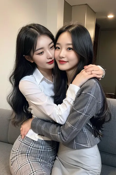 (70 years old korean man and 20 years old korean girl hugging each other), big breasts, {(1 korean girl、wavy and voluminous hair, strikingly beautiful, black hair, expressive eyes, red lips), (girl wear wearing blue and white pencil skirt, plaid pencil ski...