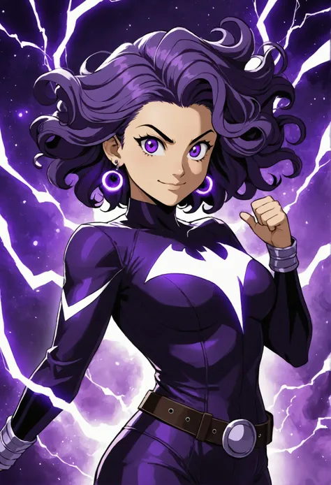 make me a picture of a character from the anime boku no hero,  your hair is big, dark purple and wavy,  your eyes are lilac, She has small silver piercings in her ear. She has powers so her hair is flying and her eyes and hands glow with purple energy, she...