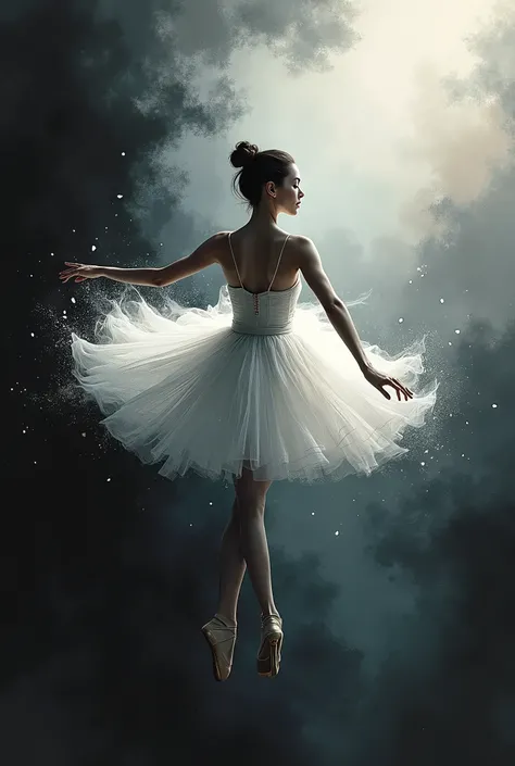 **A beautiful ballet dancer, emerging from a dreamlike state, depicted in a style that combines surreal expressionism and abstract impressionism, with vibrant, swirling patterns of deep black and pearl white --ar 3:2-- raw style**