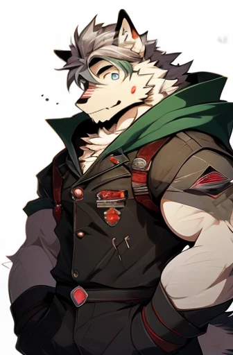 A Right Side Picture of A Very Muscular Furry style Gray Wolf. he is wearing A Full Long Armed Dark Green Soldier military suit Outfit. he is standing in the background. blushes on his face, white background, Simple background, little spikey hair, little m...