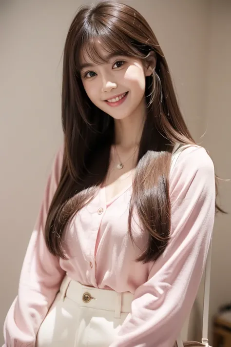 High resolution, Long Hair, chest, bangs, Brown Hair, Beautiful Face、
165cm、２４age、Japanese、White trousers、Pink blouse、Handbags、Smiling with teeth showing, 