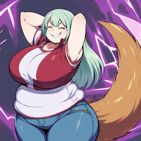 Anime, high detailed, Chubby girl, plump, cute pose, tall, large tail, Large breasts, curvy body, pale skin, closed eyes,  casual clothes, evil grin, dark fiering aura