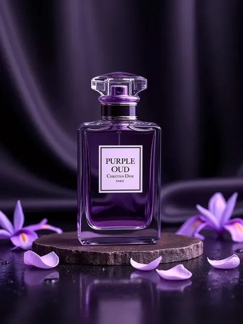 "Create a high-resolution, photorealistic image of a luxurious perfume bottle labeled Purple Oud by Christian Dior. The bottle should be elegant, with a modern design, filled with a purple liquid. Surround the bottle with a sophisticated background featuri...