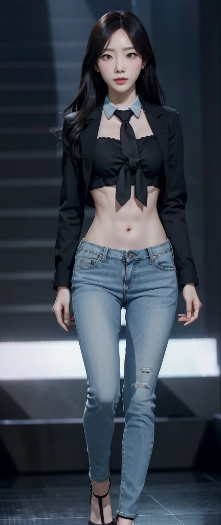 Acurate, 1 Taeyeon、Black hair、black eyes、Semi-long、setting hair、Slender but well-proportioned muscular body、a smile、wearing a tie-front shirt、Abs are cracked、The navel is visible、Wearing blue high heels、wearing very tight blue skinny jeans.、Breasts are big...