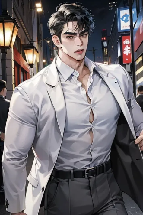 Young Yakuza Leader,Rin々Funny face,A fearless face,Muscular body,suit,White open-collar shirt,Black trousers,Black Belt,Middle-aged men,Scarface,Being attracted to someone of the same sex