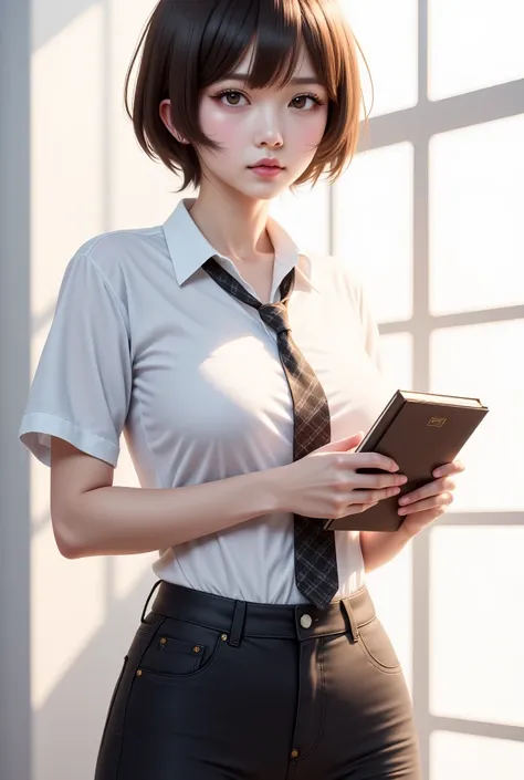 A detailed hand drawing of a beautiful girl, short hair, wearing a white shirt, with black pants, shirt collar, with plaid tie, with socks, book, window light with deep shadows, drawing, hand drawing, colored pencil style, white background