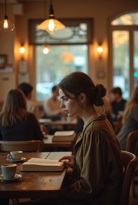 Setting: A cozy café filled with people. Soft music plays in the background.

Narrator (V.O.):
In a world bustling with ordinary moments, she stands out like a rare gem.

Camera pans to a beautiful girl, EMMA, sitting at a table, reading a book.
