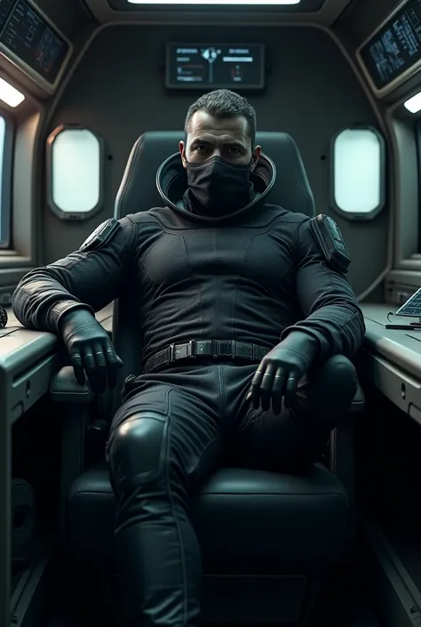 A man in a black tactical uniform , Face covered , inside a mobile unit reclining in the seat, sexy, manly 
 

