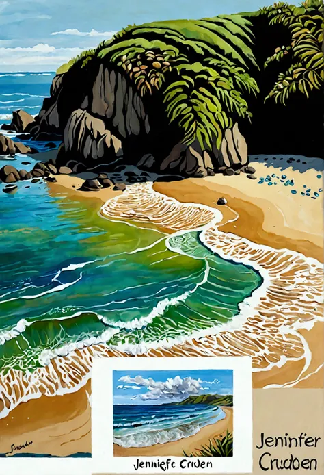 a logo for an artist in oils and digital art, Jennifer cruden ,with an oil painting image painted by Jennifer Cruden of a beach, text to be in a very fine handwriting BREATHNEY script no shadow,  artist - auckland, in the background of the logo, arts and c...