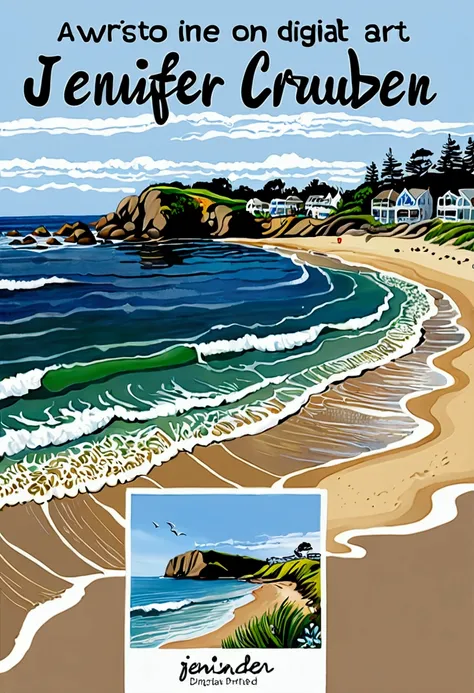 a logo for an artist in oils and digital art, Jennifer cruden ,with an oil painting image painted by Jennifer Cruden of a beach, text to be in a very fine handwriting BREATHNEY script no shadow,  artist - auckland, in the background of the logo, arts and c...