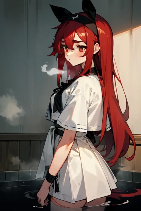 {best quality:1.5}, {very aesthetic:1.5},(natural:1.4),from behind, jitome,wet eyes, troubled eyebrows,panty shot,,long red hair,cool eyes,glowing,eyes,White ruffle skirt,A headband with a black ribbon,White ruffle skirt,huge breast, wet eyes, troubled eye...