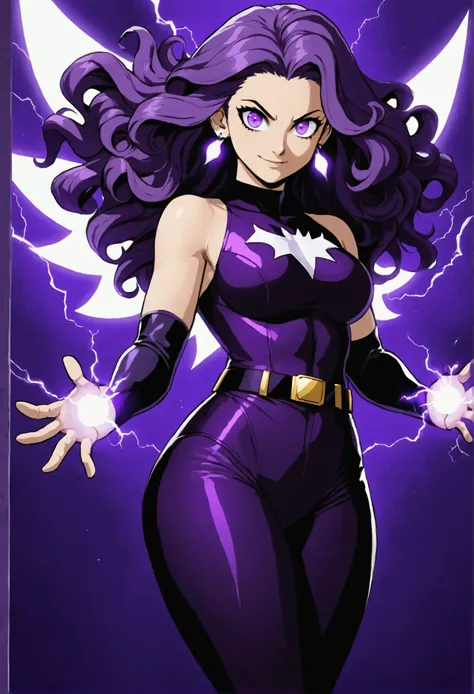 make me a picture of a character from the anime boku no hero,  your hair is big, dark purple and wavy,  your eyes are lilac, She has small silver piercings in her ear. She has powers so her hair is flying and her eyes and hands glow with purple energy, she...