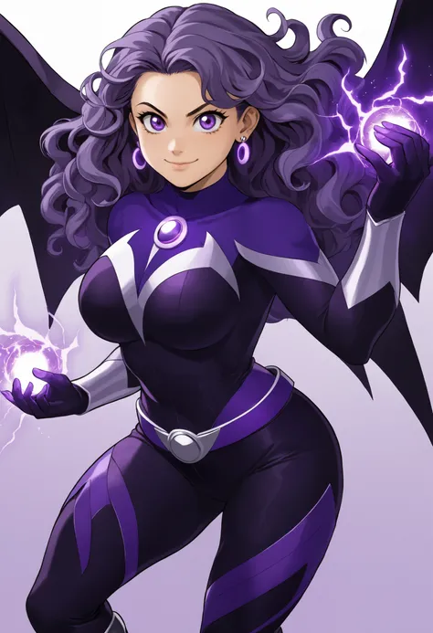 make me a picture of a character from the anime boku no hero,  your hair is big, dark purple and wavy,  your eyes are lilac, She has small silver piercings in her ear. She has powers so her hair is flying and her eyes and hands glow with purple energy, she...