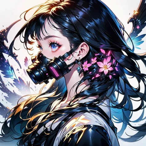 One Girl、(((Best Quality、masterpiece、Official Art、Very detailed、Anime Style、Best dynamic composition、[profile、Perfect Anatomy)))、Headphones、hoodie、Vibrant colors、neon、White background、Gas mask、Beautiful floral frame、Electronics Background、