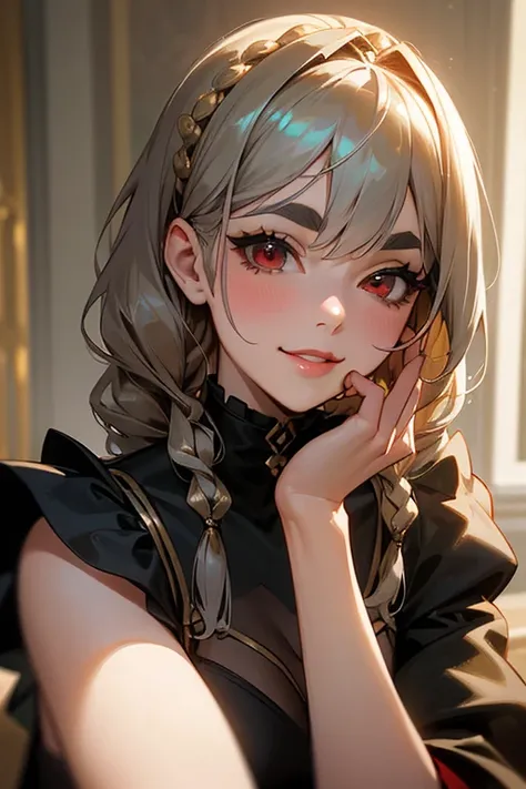 (Best Quality, masterpiece:1.2), High resolution, masterpiece、Very detailed, Realistic:1.37, Fantasy, Illustration,Gray Hair、 Red eyes、Queen, Black Dress、beautifully、Eyeshadow Red、Thick eyebrows、Long eyelashes、生徒は黒peopleです、Lips are shiny、Top Sites、Queen、Pr...