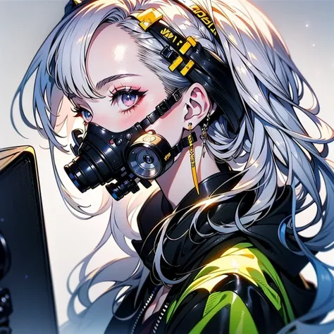 One Girl、(((Best Quality、masterpiece、Official Art、Very detailed、Anime Style、Best dynamic composition、[profile、Perfect Anatomy)))、Headphones、hoodie、Vibrant colors、neon、White background、Gas mask、Beautiful floral frame、Electronics Background、Beautiful light s...