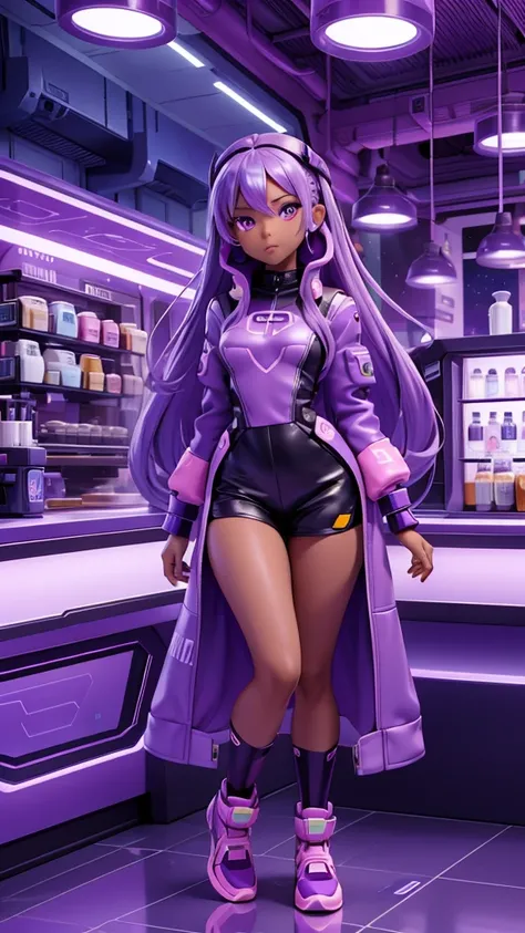 Futuristic girl, Dark skin, Purple Eyes, space, Purple Hair, Blue Hair, Pink Hair, Long hair, Dark skin, Futuristic Coffee Shop