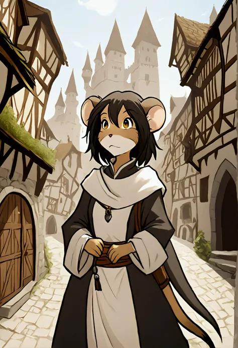 Mouse girl short black hair, rat ears, rat tooth, short ladina clothes, wanderer, medieval city, Middle Ages, rat girl, furry, monster girl.