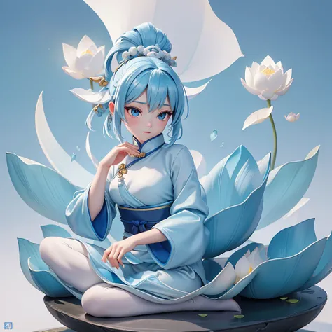 Ancient Chinese beauty sitting on a stone, Wearing ancient Chinese clothing, Flowing blue tulle, Light Silk, Lazy posture, Big lotus leaf, Lotus, Ink painting style, Clean colors, Decisive felling, White Space, Hand-drawn, masterpiece, Very detailed, Epic ...