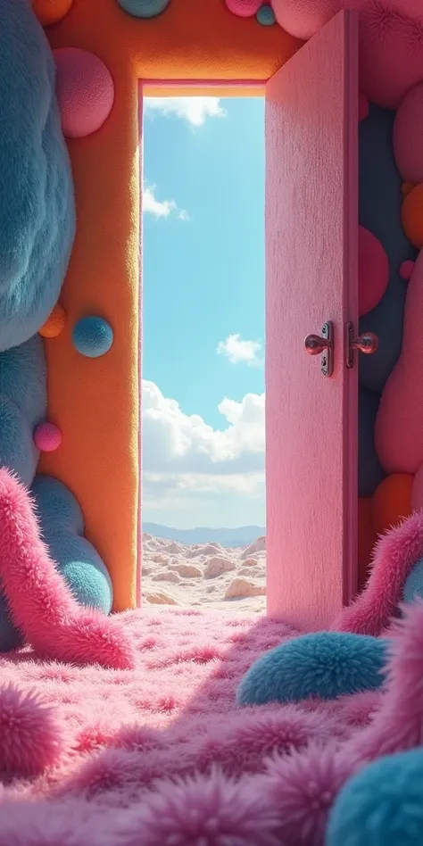 A room made of colorful fur, with fluffy walls and a floor covered in soft fabric. The ceiling is open to the sky, creating an immersive atmosphere. In front stands a door leading into another world filled with vibrant colors and fantastical elements. This...