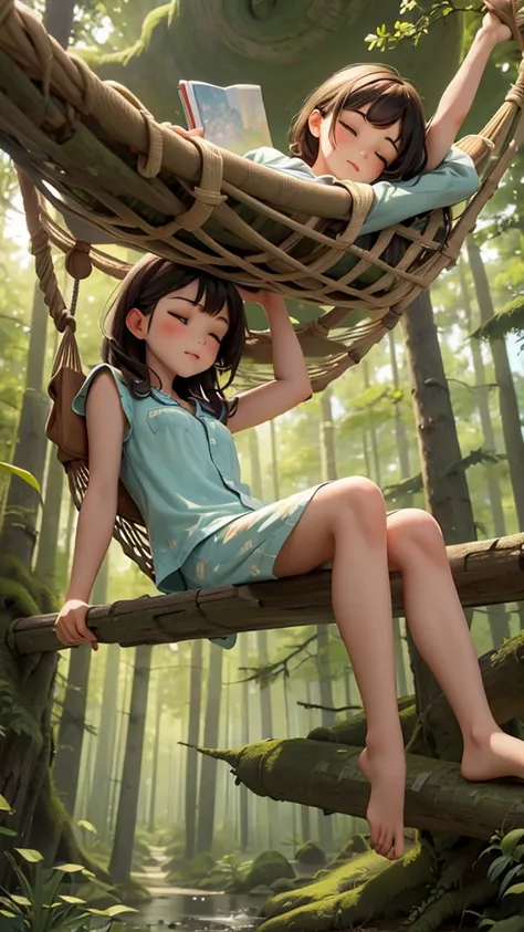 masterpiece, HD, girl,Sleeping in a hammock, pajamas, (Travel Lady), forest, Trees, Mounts, , picnic, adventure  