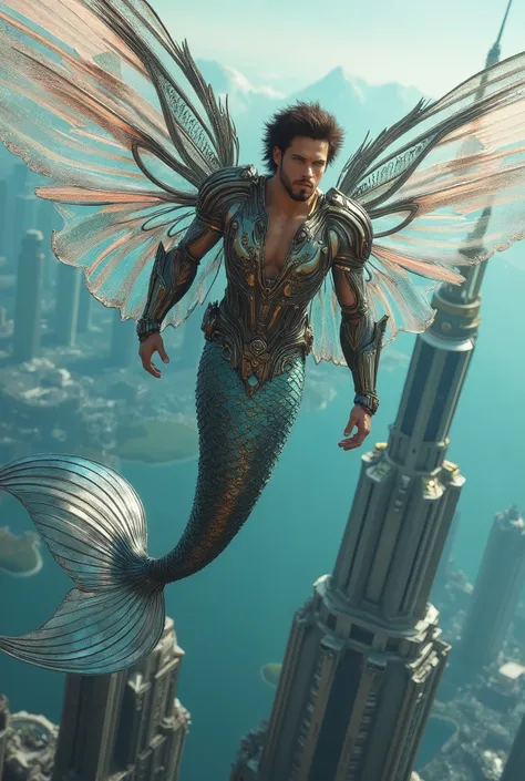 a male mermaid, butterfly wings，transparent armor，cyberpunk，future cities，flying in the sky，dynamic poses，cinematic lenses，panor...