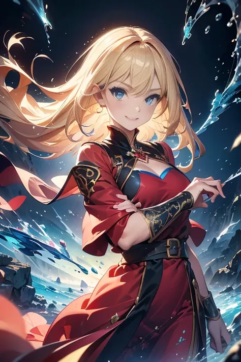 woman,, View your audience, Long Hair, Ahoge, blonde, Drill Hair, blue eyes, Slanted Eyes, smile, beautiful, Sparkling Red Afternoon Dress, long term, Standing, courtesy, Upper Body、A glittering medieval ball, Speedy Shot, masterpiece, Best Quality, detail...