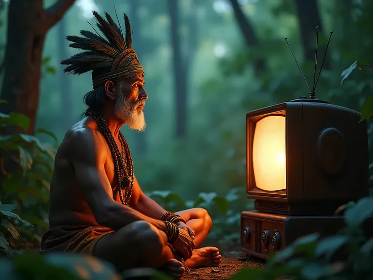 1man, indian, tribal chief, watching an analog tv shows a film, on the junggle, masterpiece, 8k, best quality