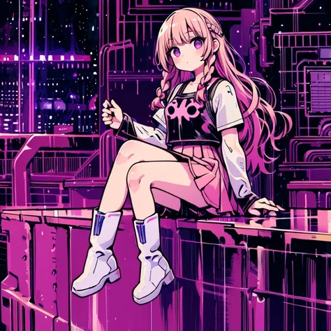 High resolution, Best Quality, masterpiece, Very high quality, Super detailed, Surreal, 3d, anime, Illustration, Fantasy, Hard Rock Girls, Very beautiful and cute, Pink wavy hair, Side braid, mini skirt, Knee-high socks, Engineer Boots, background cyberpun...