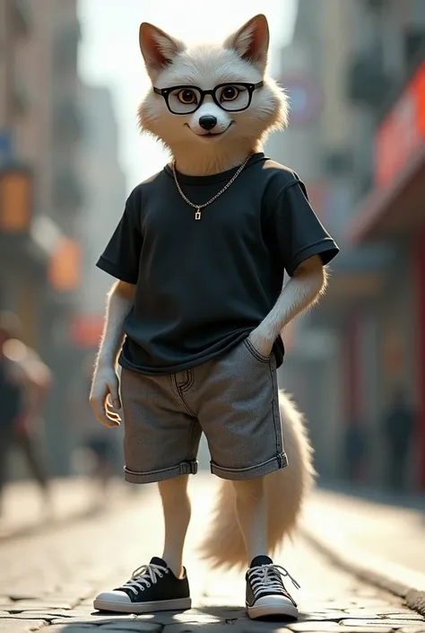 A fashionable anthropomorphic wolf with delicate fur texture, round body shape, big eyes, long tail and feet, wearing a gray denim shorts and black T-shirt, glasses and sneakers. The full body photo showcases its elegant posture, adopting a ray tracing sty...