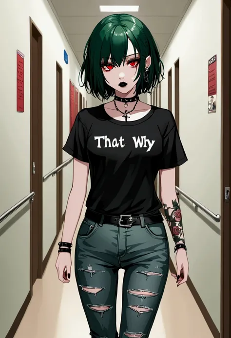 Gothic femboy dark green hair red eyes, choker, Black Lipstick, piercing no rosto, t-shirt, That&#39;s why jeans, walking down the school hallway.