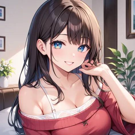 best quality, masterpiece, ultra high resolution, reality, 1 girl, off-shoulder, smile