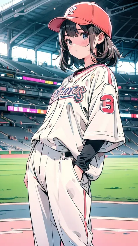    • A girl stands on the mound of a baseball field、This is a scene where he is posing for pitching.。She is wearing a sports team uniform.、The back number is displayed。The uniform is white and yellow in design.、There is a yellow stripe on the sleeve。She is...