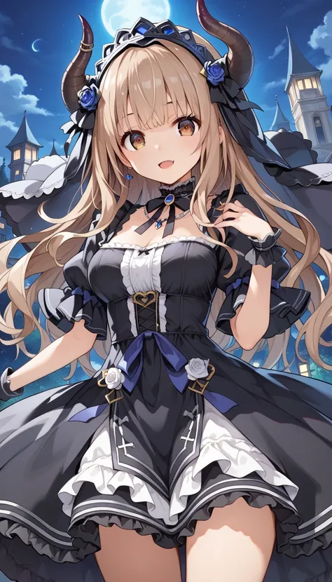 With horns、穿着带有骷髅的裙子的Anime Girl, ((Light brown hair))(Lolita in a skirt, gothic maiden Anime Girl, Cute anime wife wearing a beautiful dress, Anime cute style, Anime Girl wearing a black dress, Night Core, (Anime Girl), Anime style 4K, Small curvy, High qu...