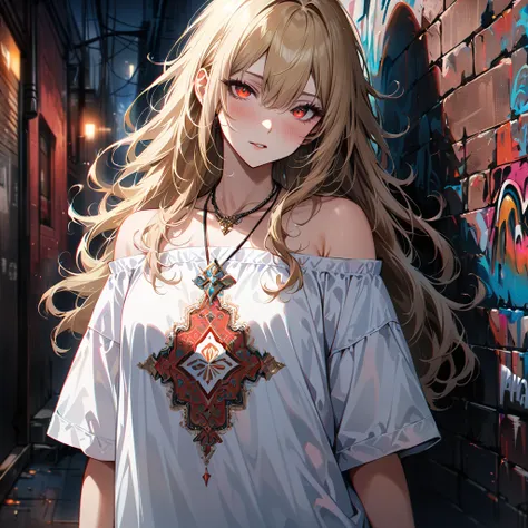 Super realistic 8k cg, masterpiece, ((Ultra detailed background, Exquisite pattern, Intricate details)), Best quality, Intricate detailss, Chromatic Aberration, 1 Girl, Long hair, Blonde hair, Messy hair, Red Highlight, Single eye coverage, Sharp eyes, Nec...