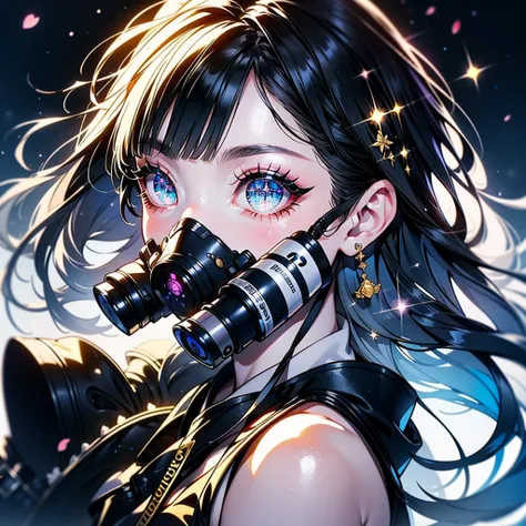 One Girl、(((Best Quality、masterpiece、Official Art、Very detailed、Anime Style、Long eyelashes、double eyelid、（Complex Eyes、Sparkling eyes）、Best dynamic composition、[profile、Perfect Anatomy)))、Headphones、hoodie、Vibrant colors、neon、White background、Cute Gas Mask...