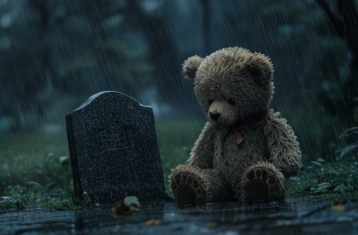 a teddy bear is grieving at the grave of his child master in the rain