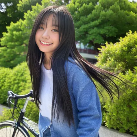 A young Japanese woman with long black hair, dressed casually, rides a bicycle through a university campus. She smiles as she looks ahead, her hair gently blowing in the wind. The background shows typical university buildings and greenery, creating a sense...