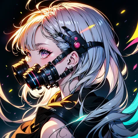 One Girl、(((Best Quality、masterpiece、Official Art、Very detailed、Anime Style、Best dynamic composition、[profile、Perfect Anatomy)))、Headphones、hoodie、Vibrant colors、neon、White background、Gas mask、Beautiful floral frame、Electronics Background、