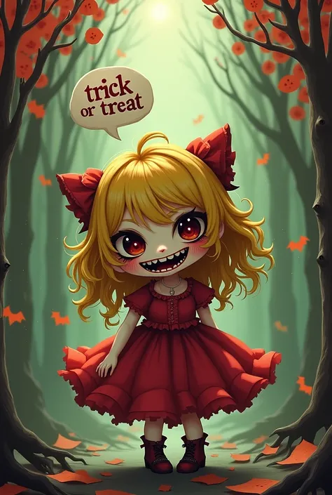 there is a speech bubble above his head saying "Trick or Treat", BREAK from above, looking up, kawaii chibi girl, yandere, crazy smile, scary smile, evil smile, teasing smile, grin, lewd smile, malicious smile, creepy smile, big droopy eyes, huge mouth, ma...