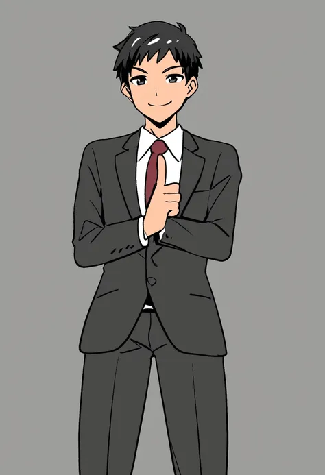 young man with a sadistic smile, looking at the screen wearing a suit pointing at the screen, anime drawing