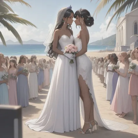 Two Brides:
first woman with a strapless wedding dress, lace top, with trans flag colors(blue, white, pink), black eyes,(((brown skin))), transparent wedding veil, wearing white finger gloves, purple tiara, long wavy black hair, wearing silver high heels s...