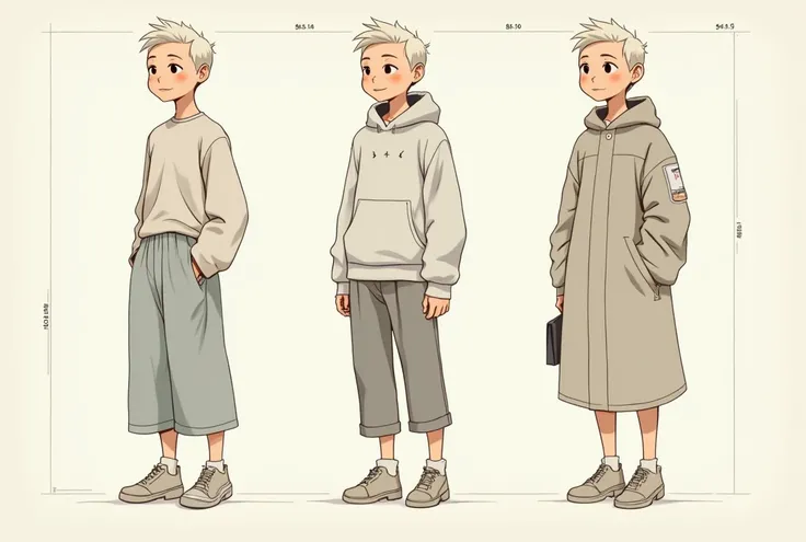 On a paper. A scheme. Present a character three times with different clothes.